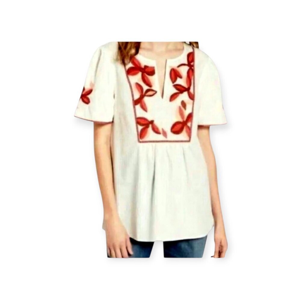 Madewell White Red Embroidered Boho Cotton Blouse XS Cottagecore Summer Festival